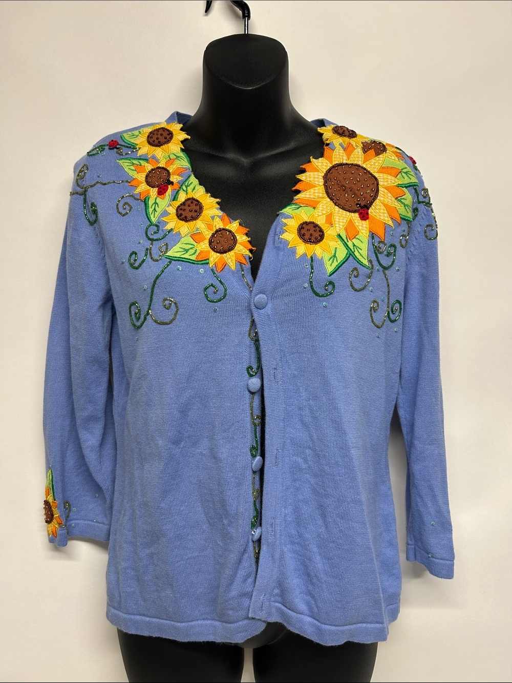 Sunflower ladybugs embellished cardigan small beaded whimsical